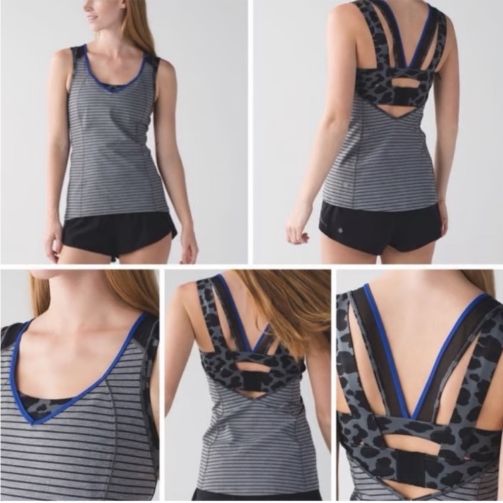 Chic Striped Black and Gray Tank Top with Blue Accents